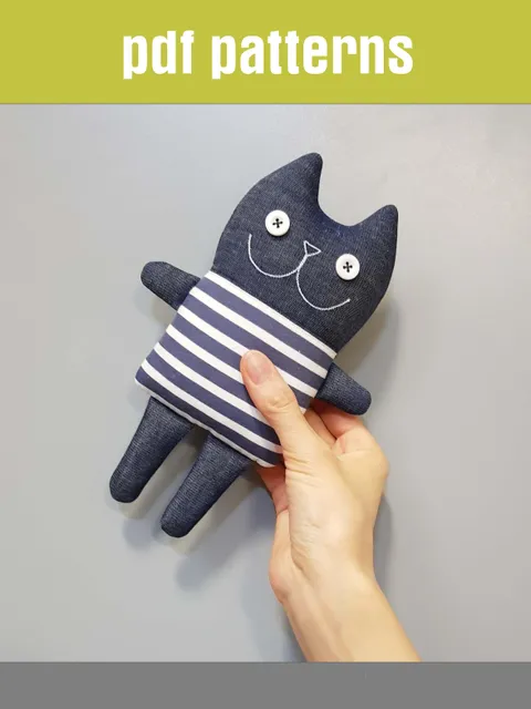Striped Cat sewing pattern PDF, digital tutorial in English, Denim doll pattern