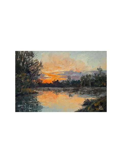 Gentle Sunset Artwork Pond Painting 6x9" ORIGINAL PAINTING Sunny Landscape Impressionist Signed by artist Marina Chuchko