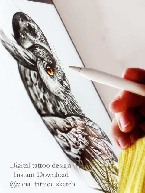 Sketch Owl Tattoo Drawing Full Moon Owl Tattoo Design Idea, Instant download PDF, JPG