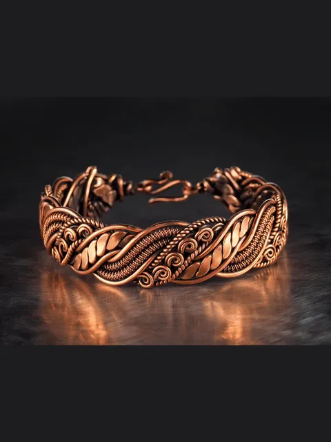 Wire wrapped bracelet, Unique 7th 22nd Anniversary gift idea, Art Nouveau antique style, One of kind braided statement bangle, Handmade oxidized pure copper jewelry, Pain relief, EMF protection