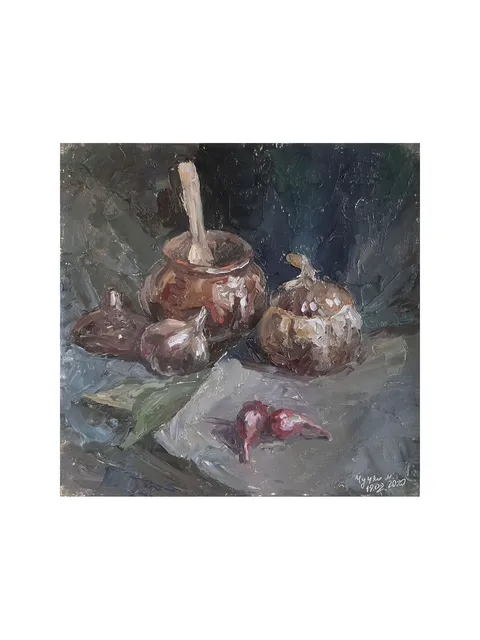 Garlic Onion PAINTING 8,8x8,9" ORIGINAL ART Kitchen Artwork Ceramic Pots Still Life Signed by artist Marina Chuchko
