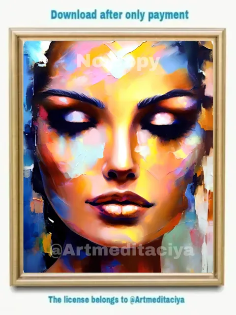 Digital abstract 3d textured modern painting "Multicolored Dreams". A close-up portrait of a woman with duochrome shadows on her closed eyelids. The face and background are decorated with multicolored grunge brushstrokes in the style of impasto palette