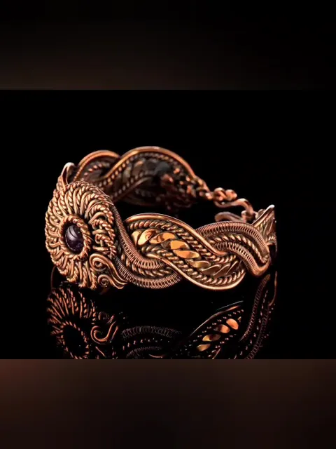 Copper wire wrapped Amethyst bracelet for woman, Statement flower jewelry, 7th Anniversary gift for her woman, Unique copper jewelry, Braided Art Nouveau antique style bracelet, Oxidized pure copper, Handmade