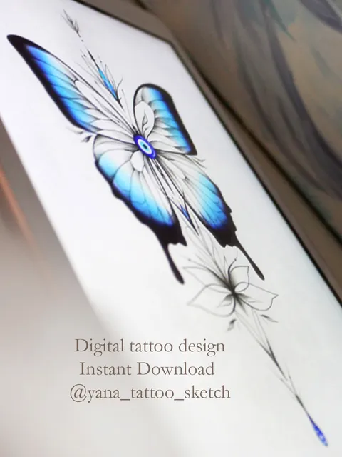 Turkish Evil Eye Tattoo Design Butterfly Tattoo Idea Sketch Protective Symbol Nazar Tattoo Stencil, Instant download PDF, JPG