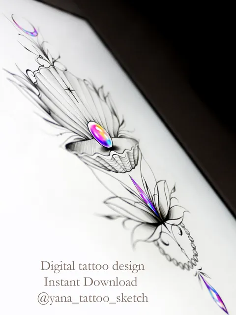Shell Tattoo Design For Females Seashell Tattoo Idea Stencil Sketch, Instant download PDF, JPG