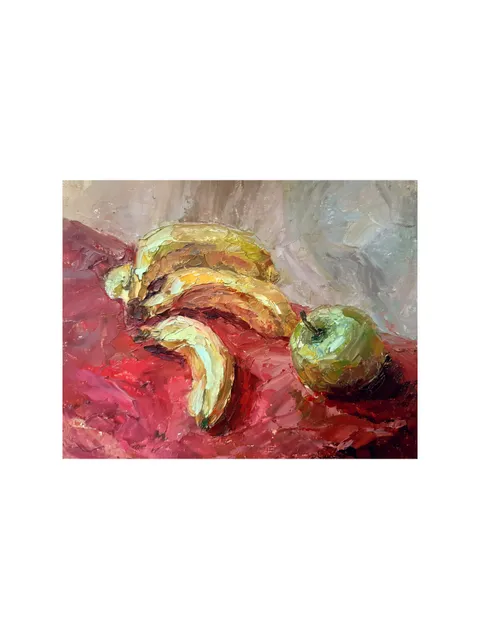 Bananas Apple PAINTING 7x9" ORIGINAL Kitchen Art Oil Still Life with fruits Fine Art Signed by artist Marina Chuchko