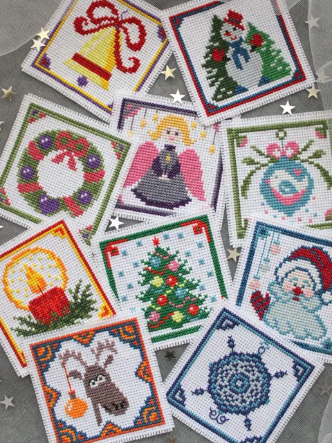 Set of 10 Christmas miniatures, cross stitch patterns PDF, Xmas cards idea