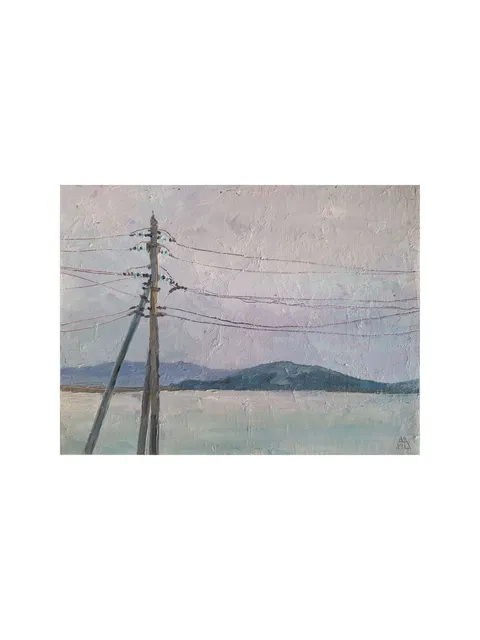 Gently Sea Painting 6x8" Electrical Cables Fog Artwork ORIGINAL ART Impressionist Signed by artist Marina Chuchko