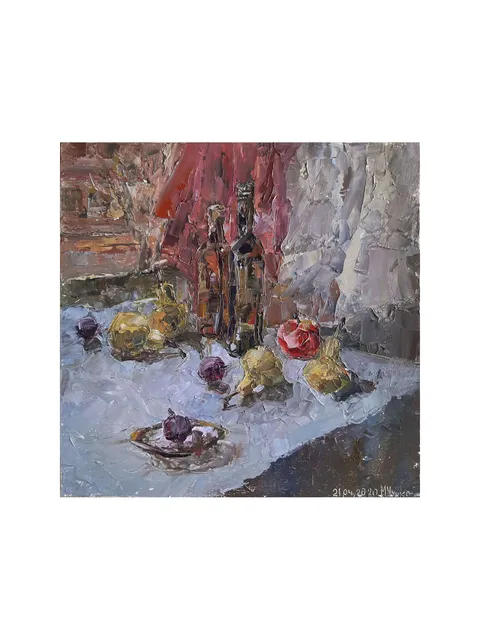 Pear Plum PAINTING 8,8x8,9" ORIGINAL ART Fruit Kitchen Artwork Still Life Signed by artist Marina Chuchko