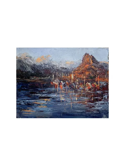 Seascape with Cliffs at Sunset Painting 6x8" ORIGINAL Oil ART Impressionist hand painted by artist Marina Chuchko