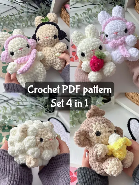 BIG SET 6 in 1, crochet patterns PDF set bunnies, monkey, sheep low sew, amigurumi animals crochet pattern set