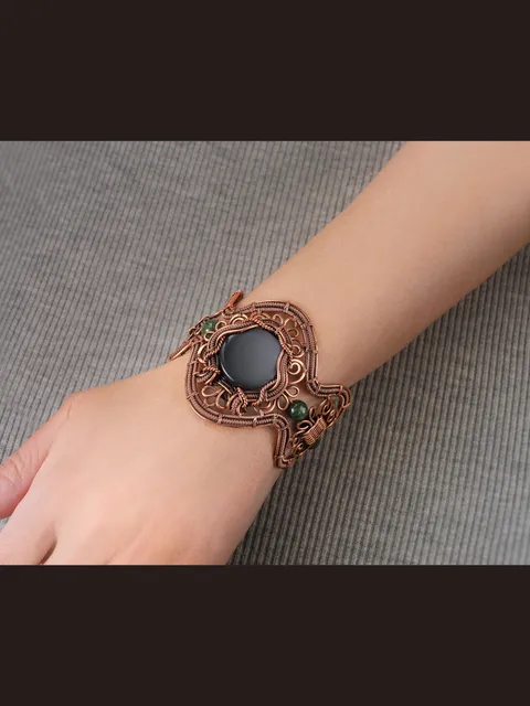Wide wire wrapped bracelet for woman, Copper, Black Onyx, Jade, Statement jewelry, 7th Anniversary gift for her woman, Unique copper jewelry, Braided Art Nouveau antique style bracelet, Oxidized pure copper, Handmade