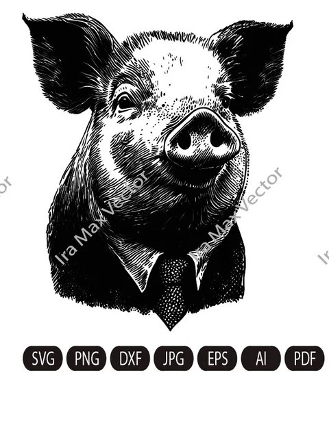 Pig in suit Svg,Pig portrait,Pig in shirt,Pig man,Pig face, Pig head svg, Piglet Head, Pig t-shirt, Pig detailed portrait, Farm Animals Silhouette
