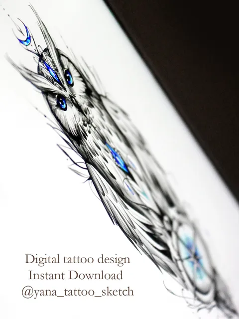 Owl Tattoo Design Compass Owl Tattoo Drawing Idea Stencil, Instant download PDF, JPG, PNG