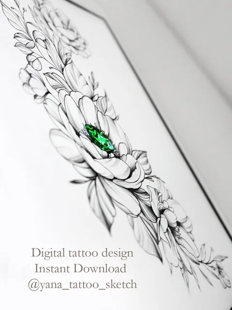 Peony Tattoo Design Fine Line Peony Flowers Tattoo Stencil Crystal Tattoo Idea Sketch, Instant download PDF, JPG