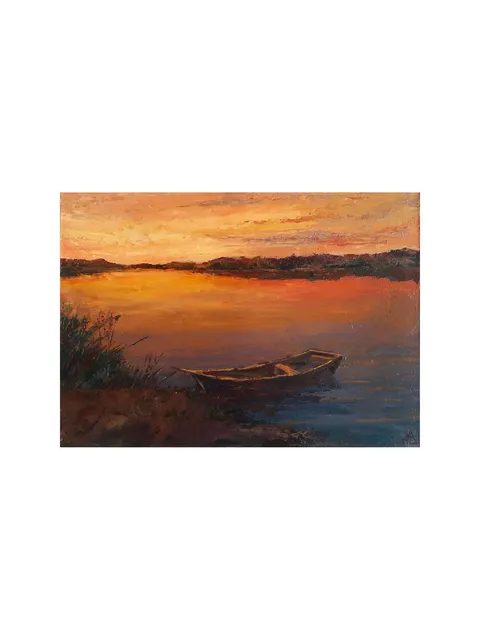 Boat in the Reeds Lake Painting 8,5x12" ORIGINAL PAINTING Sunset Landscape Impressionist Signed by artist Marina Chuchko
