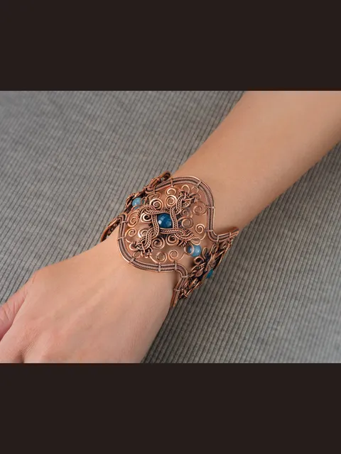 Very wide copper wire wrapped bracelet with blue Agate for woman , Statement jewelry, 7th Anniversary gift for her woman, Unique copper jewelry, Braided Art Nouveau antique style bracelet, Oxidized pure copper, Handmade