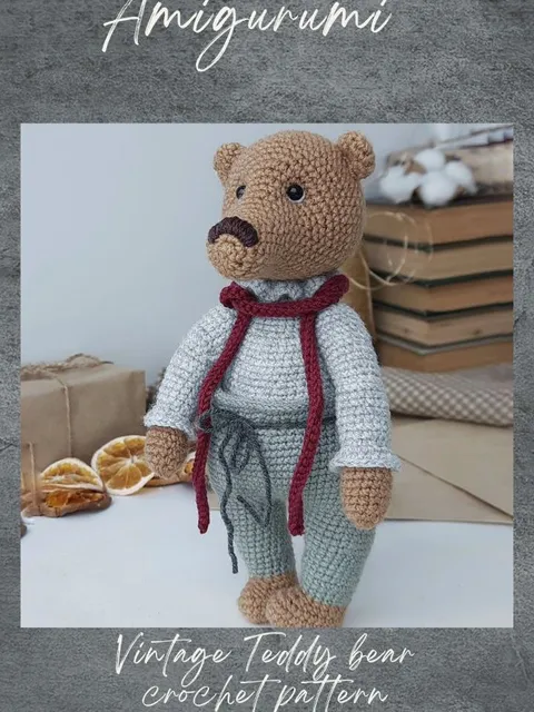 Amigurumi Teddy Bear ccrochet pattern. Vintage amigurumi teddy bear in clothes crochet pattern