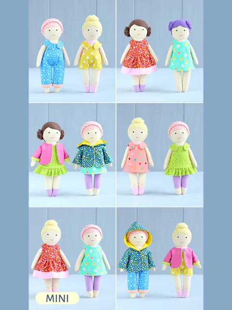 5 PDF Four 16 cm (6″) Mini Rag Dolls with Summer Capsule Wardrobe (8 pieces) Sewing Patterns Bundle