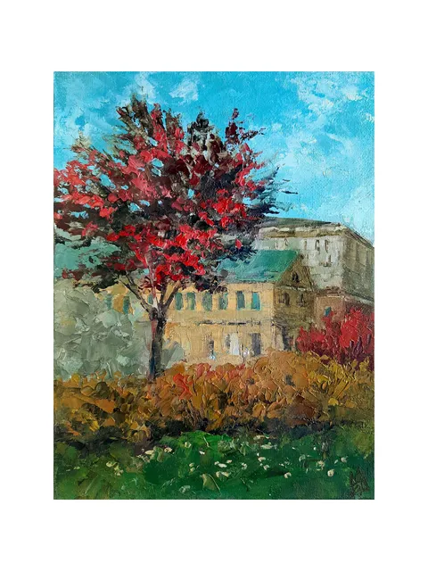 Pink Tree Painting 9,4x7,1" Park Landscape ORIGINAL ART Impressionist Spring Artwork Signed by artist Marina Chuchko