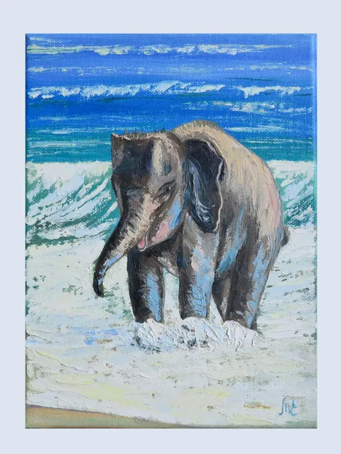 Original Oil Painting of a Baby Elephant Playing on the Beach A Heartwarming Art of Joy and Nature  Delightful Baby Elephant on a Sunny Beach Mini Artwork