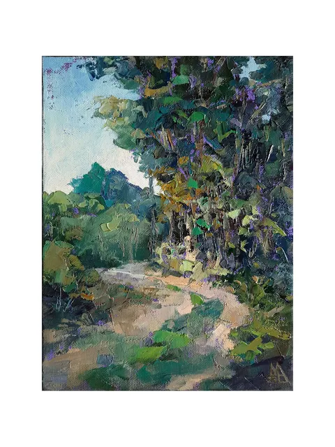 Sunlit Path Park Painting 9,4x7,1" Trees Summer Landscape ORIGINAL ART Impressionist Artwork hand painted by artist Marina Chuchko