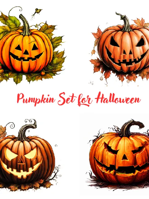 Set of 4 images of Halloween pumpkins on a transparent background