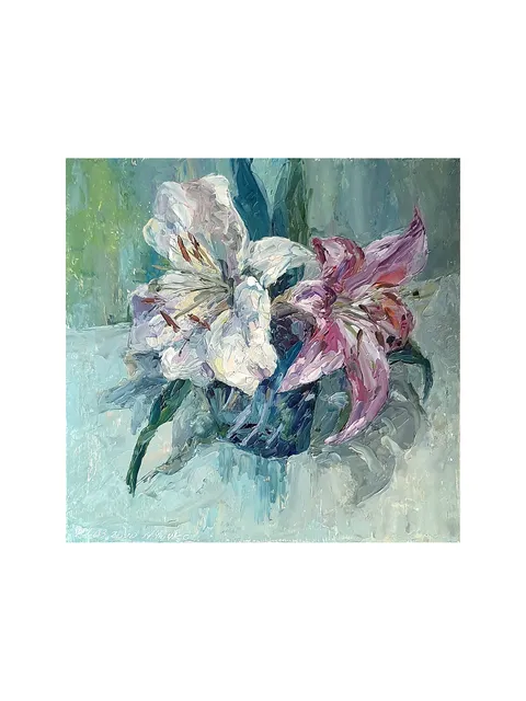 Lily Flowers Painting ORIGINAL Flower Artwork 8,9x9" Signed by artist Marina Chuchko Impressionist
