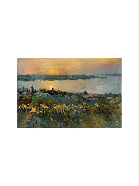 Golden Sunset Painting 8x12" ORIGINAL ART River Artwork Impressionist Seascape Signed by artist Marina Chuchko
