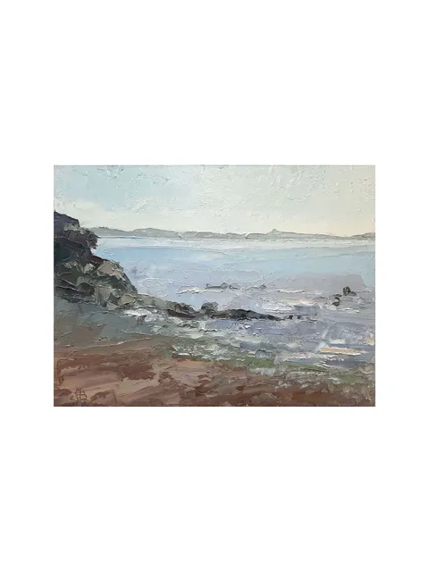 Wet Sand Painting 6x8" Sea Fog Artwork ORIGINAL ART Impressionist Rocks Painting Signed by artist Marina Chuchko