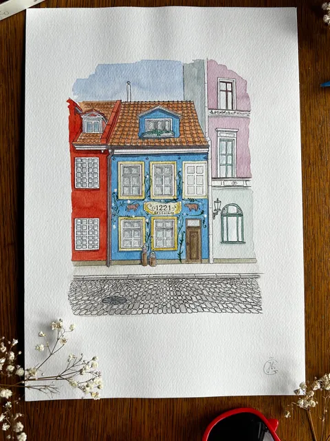 Original watercolor drawing Architecture Riga restaurant