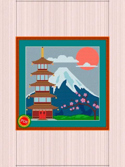 Pagoda Cross Stitch Pattern | Mount Fuji