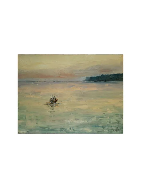 Boat at Yellow Sunset Painting 6x8" ORIGINAL ART Ocean Artwork Impressionist Seascape Signed by artist Marina Chuchko