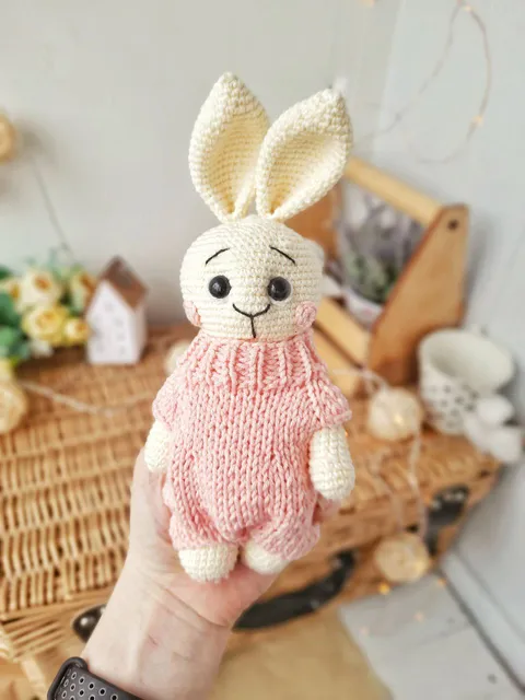 Stuffed bunny toy in pink clothes for nursery gift. Handmade Organic baby toys. Plush toys for baby