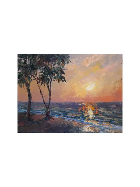 Palm Trees Painting Sunset Artwork 7,1x9,4" ORIGINAL ART Impressionist Seascape Signed by artist Marina Chuchko