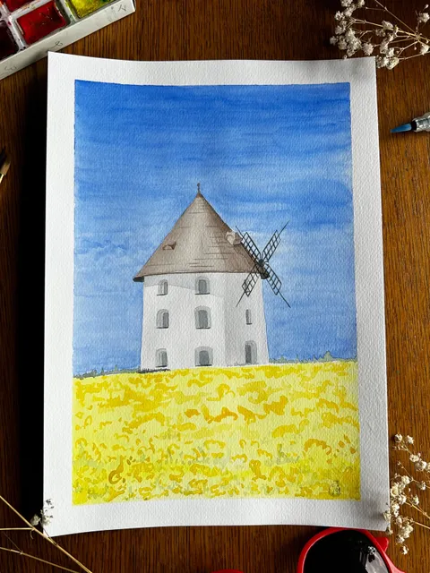 Original watercolor drawing Architecture Czech Mill