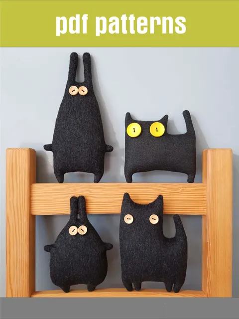 Halloween Dolls sewing Patterns PDF, 2 black Cats and 2 rabbits, set of 4 digital tutorials, stuffed animals diy.