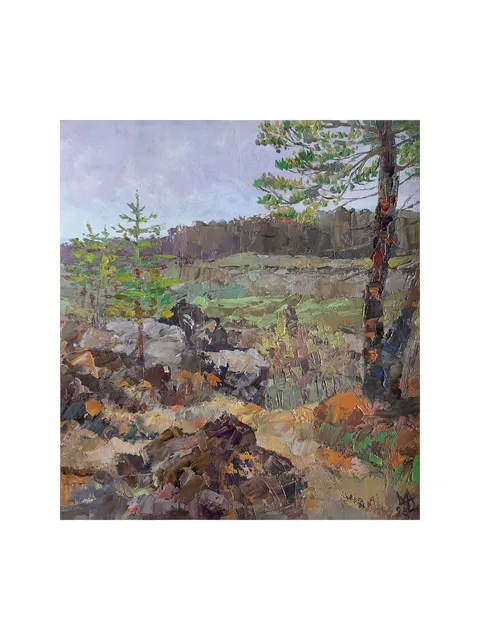 Pine Trees Painting 10x9" ORIGINAL Nature PAINTING Forest Rocks Landscape Impressionist Signed by artist Marina Chuchko