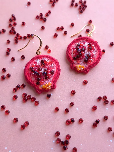 Pomegranate Earrings Handcrafted Jewelry Hand-Embroidered Unique Quirky Accessory Fruit Dangles Accessories Gift for Her