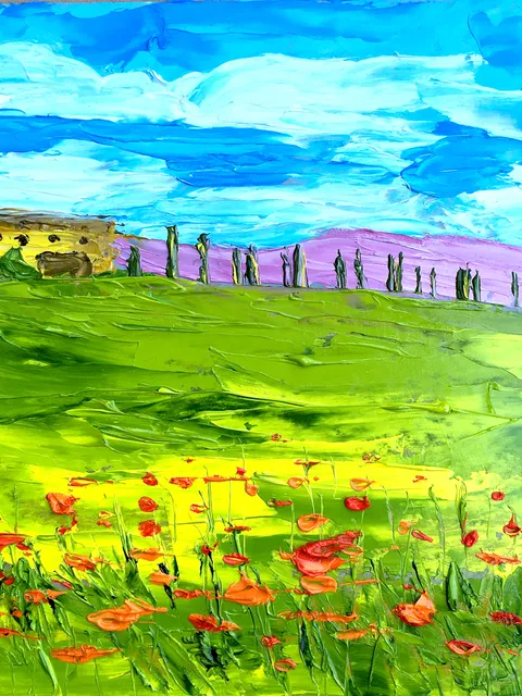 Tuscany Painting Landscape Original Art Lavender Artwork 8 by 8
