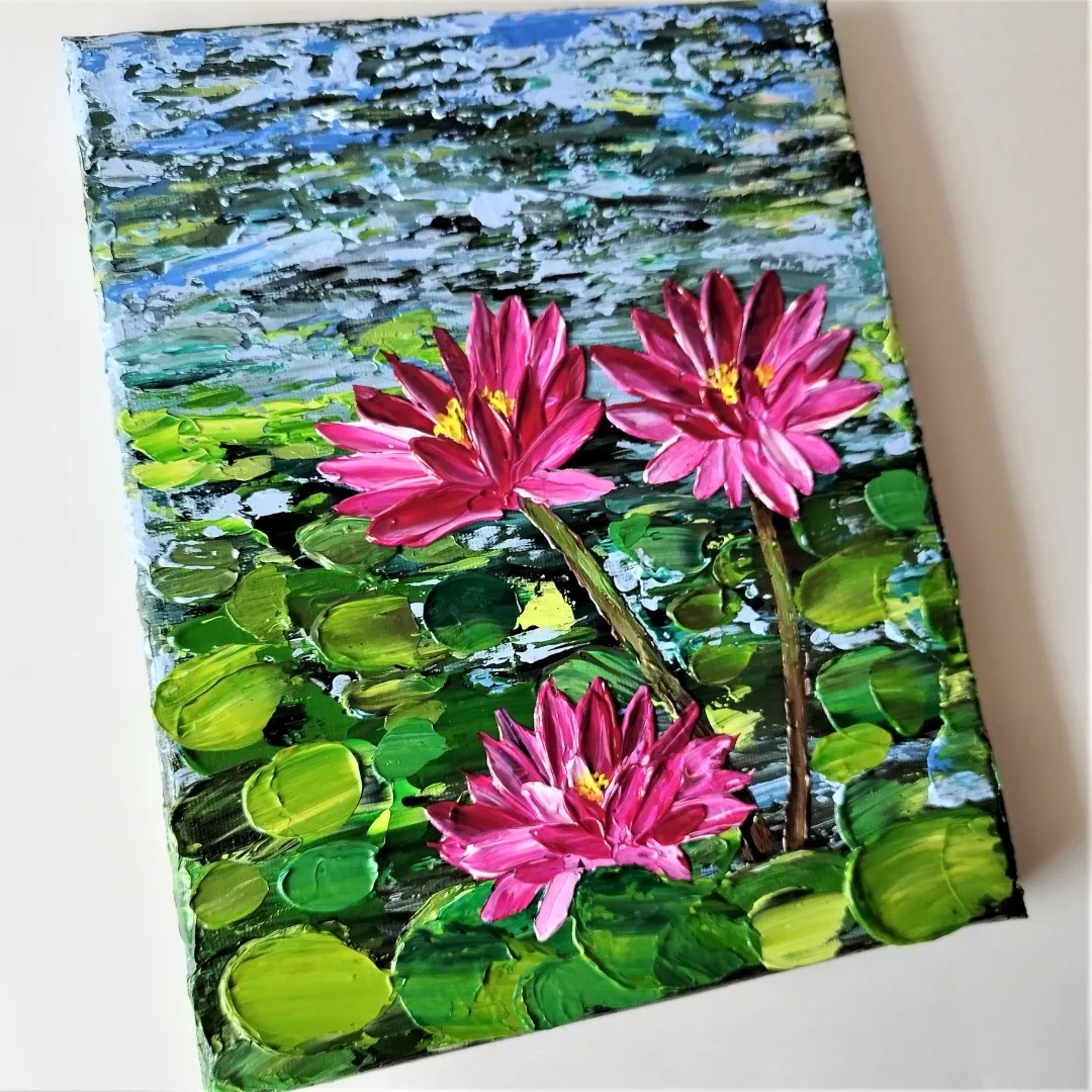Unique Water Lily Acrylic Painting Textured Wall Art | Pink Lotus ...