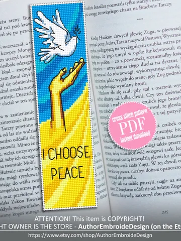 Bookmark Ukraine cross stitch pattern PDF Handmade bookmark I Choose Peace cross stitch quote Peace sign Modern xstitch chart #B33 $4.40