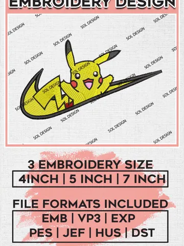 Nike Pikachu Embroidery Design, Pokemon Embroidery File, Anime Design, Digital Download
, Machine Embroidery Pattern EMB_ANIME_152