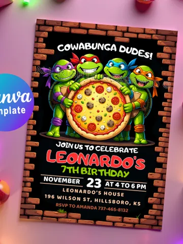 Ninja Turtles Cowabunga Birthday Invitation – Editable Canva Template for Ninjas Turtle Party. Digital or Printable Invite Card