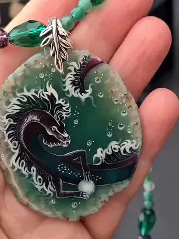 Dragon necklace Painting Dragon on Agate Stone charm Christmas Gift Wrapping $110.00