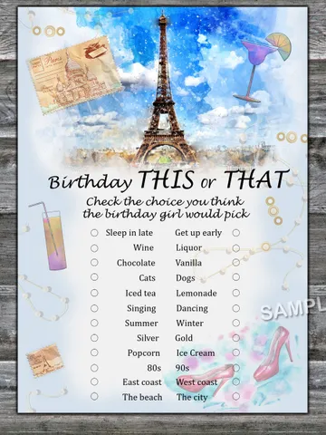 Paris themed Birthday This or that game,Adult Birthday party game-fun games for her-Instant download