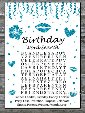 Blue glitter Birthday Word Search Game,Adult Birthday party game-fun games for her-Instant download $1.75