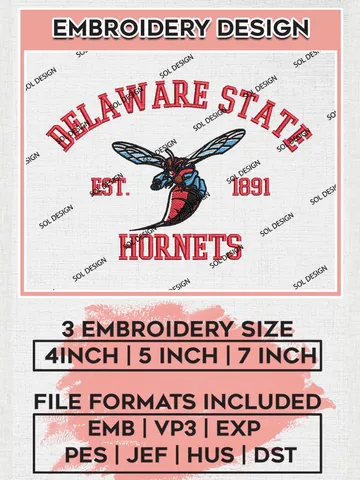 Delaware State Hornets Est 1891 Logo Embroidery Designs, NCAA Delaware State Hornets Team Embroidery, NCAA Team Logo, 3 sizes, Machine embroidery Files, Digital Download $6.99