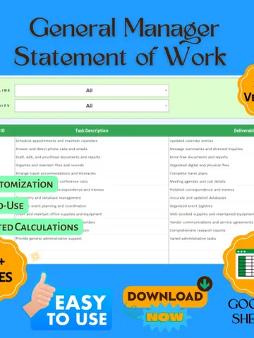 General Manager Statement of Work Template, SOW Agreement Form, Work Scope Document, Google Sheets Contract Template $6.90