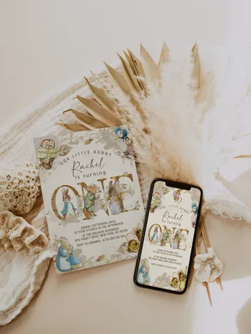 DIY Classic Peter Rabbit First Birthday Invitation; Peter Rabbit neutral birthday any age editable template; tale of peter rabbit pr1 $12.78